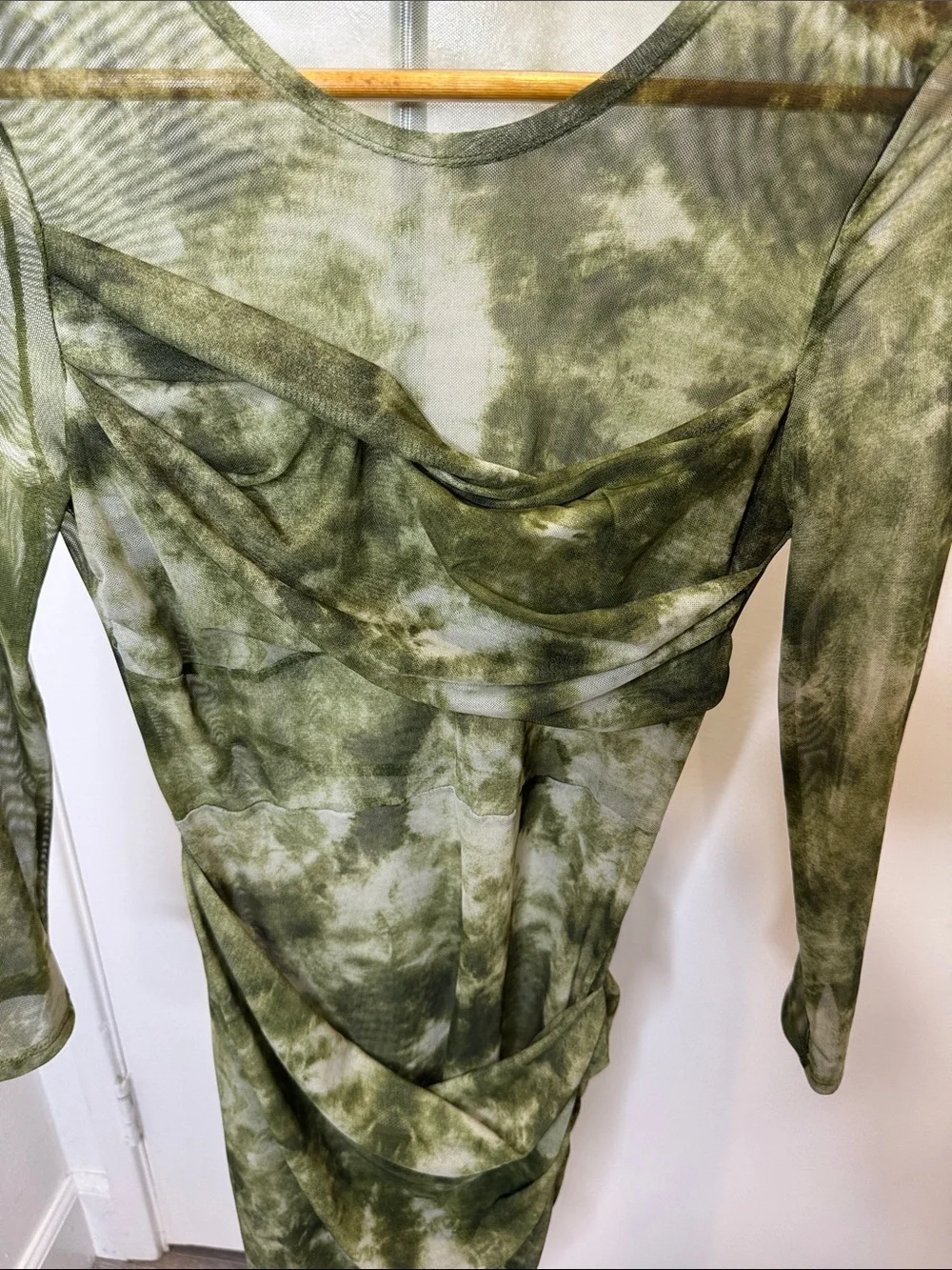 SHEIN Sheer‎ Olive Green Tie-Dye Ruched Long Sleeve Dress Resort Wear